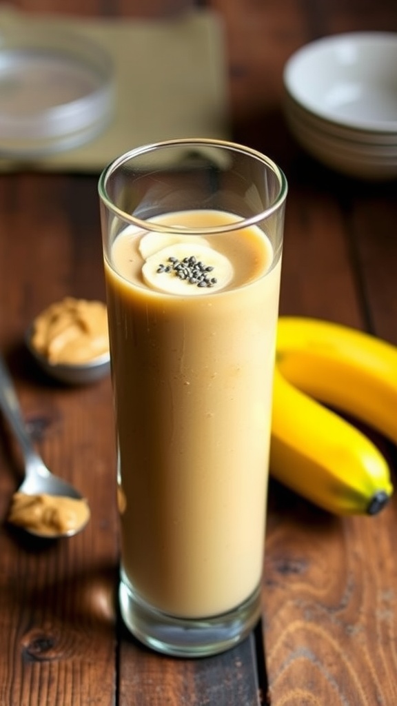 A nutritious peanut butter smoothie in a glass, adorned with banana slices and chia seeds, sitting on a wooden table.